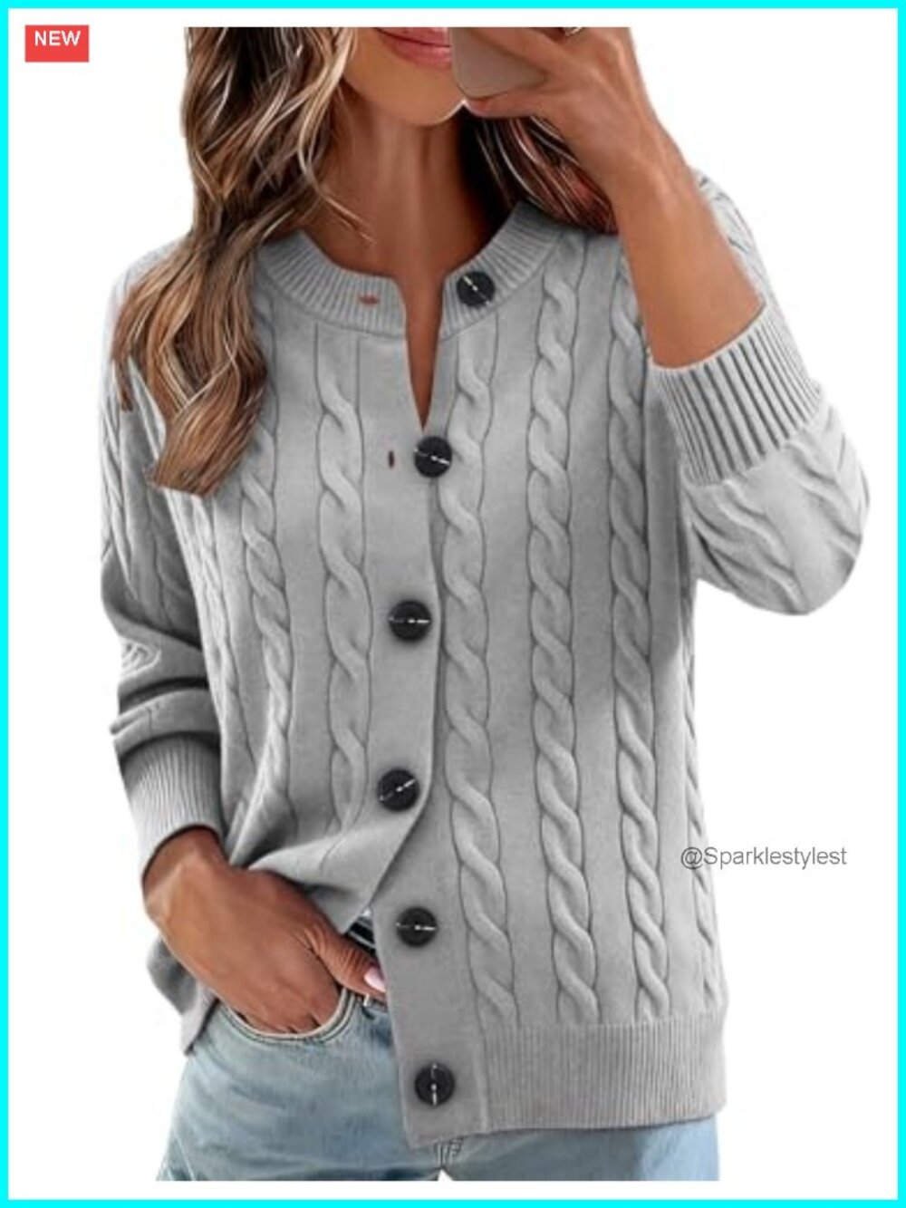Cable Knit Long Sleeve Open Front Cardigan Crewneck Sweater Women